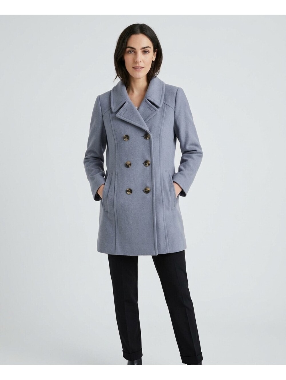 NWT Anne Klein Women's Wool Blend Double Breasted Pea Coat Lavender Blue Size L